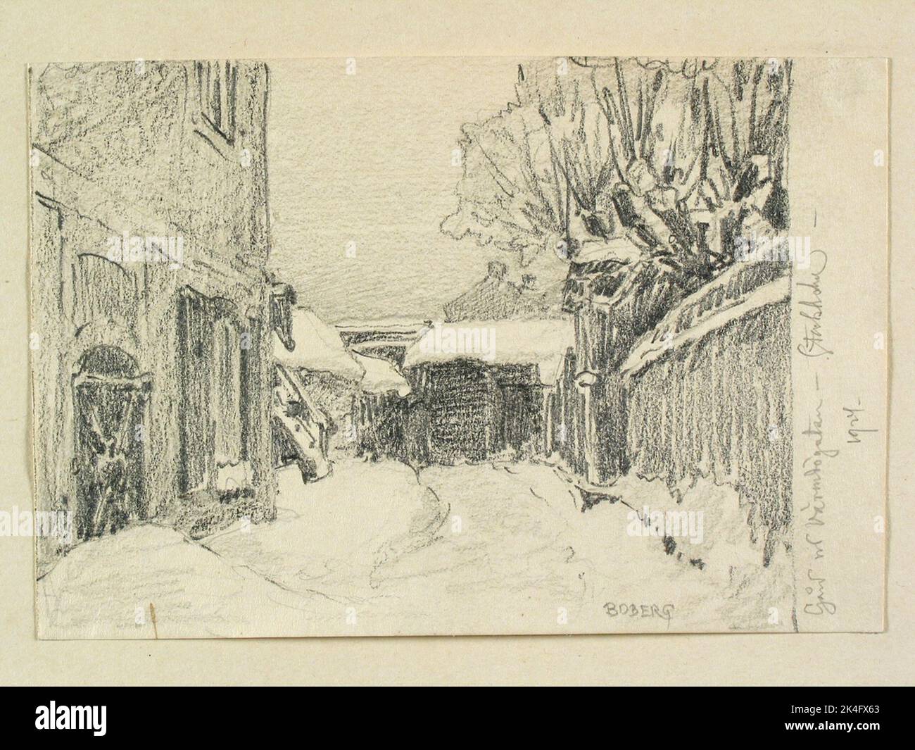 Stockholm, Södermalm, kv. Värmdögatan (aujourd'hui Malmgårdsvägen en 2017) intérieur de ferme en hiver. Dessin de Ferdinand Boberg. Pays nordiques Banque D'Images