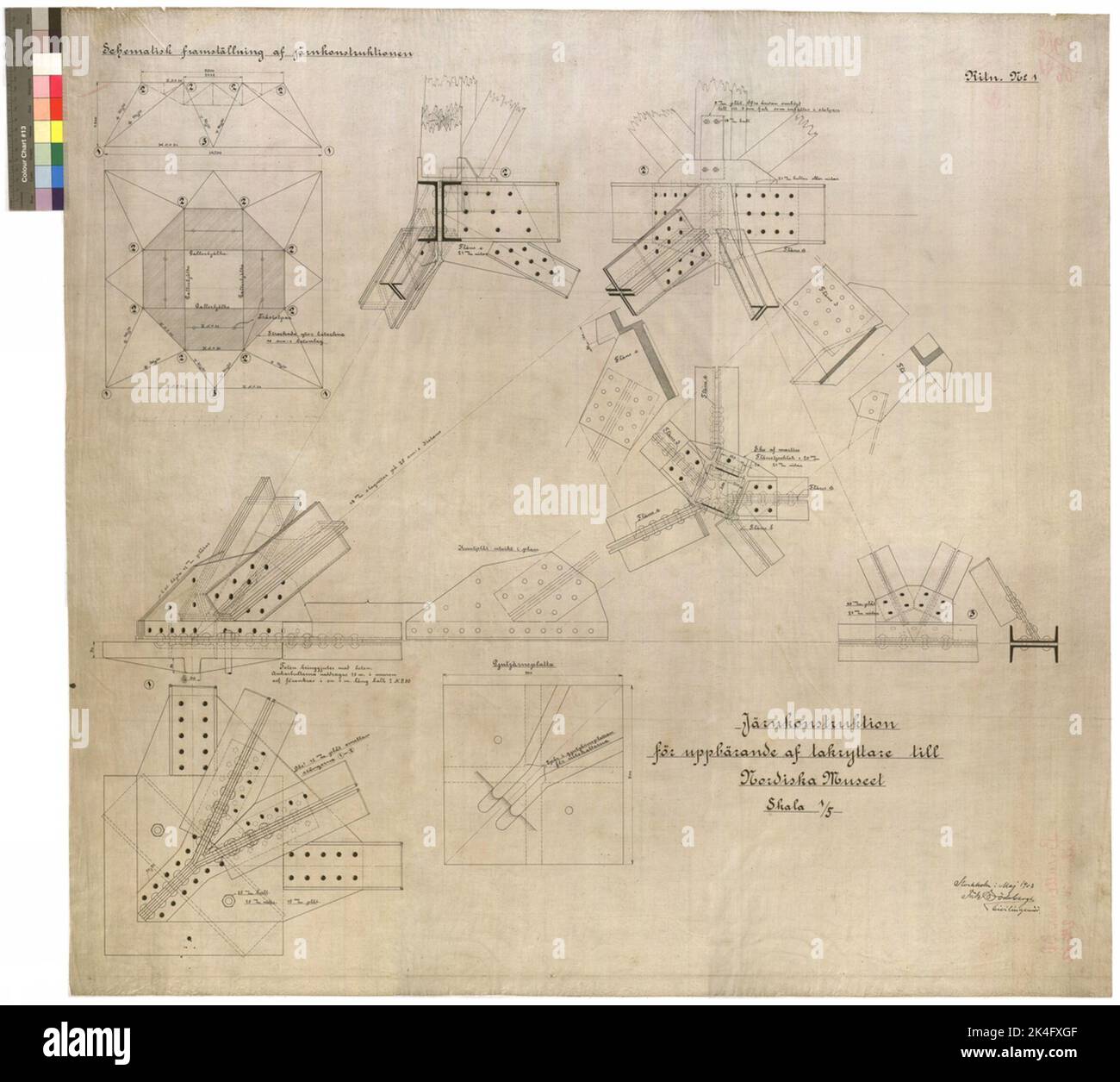 Tirant sur le tissage au-dessus du bâtiment principal du musée nordique. Construction en fer pour la collection de cavaliers de toit, préparation schématique de la structure en fer. Schéma n° 1. Peler 1/5. Dessin de construction, conducteur de toit. 99 x 105 cm. Tusch. Dessin au trait. 'Stockholm en mai 1903 Fritz Söderbergh Ingénieur civil'. Pays nordiques Banque D'Images