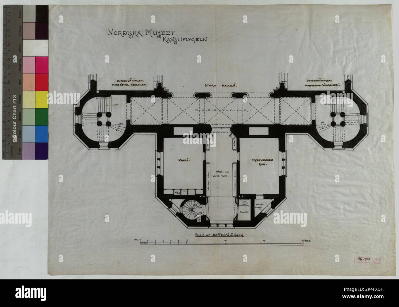 Tirant sur le tissage au-dessus du bâtiment principal du musée nordique. Le chancelier, avion au rez-de-chaussée. Plan d'étage, aile de bureau, escalier de bureau 1. Encre. Dessin au trait. “6/1 1900 Nordic Banque D'Images