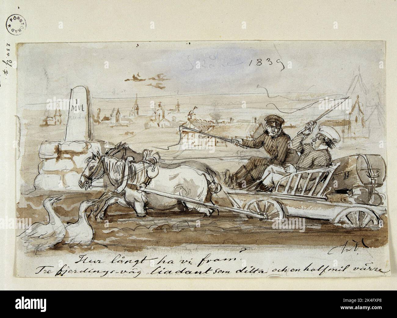 Dessin de Fritz von Dardel daté de 1839 avec le texte "jusqu'où avons-nous été en avant?". Deux hommes dans un chariot tiré par un cheval avec de l'argile jusqu'au moyeu de roue. Nordic Museum Inv.nr. 67,481 Nordic Banque D'Images
