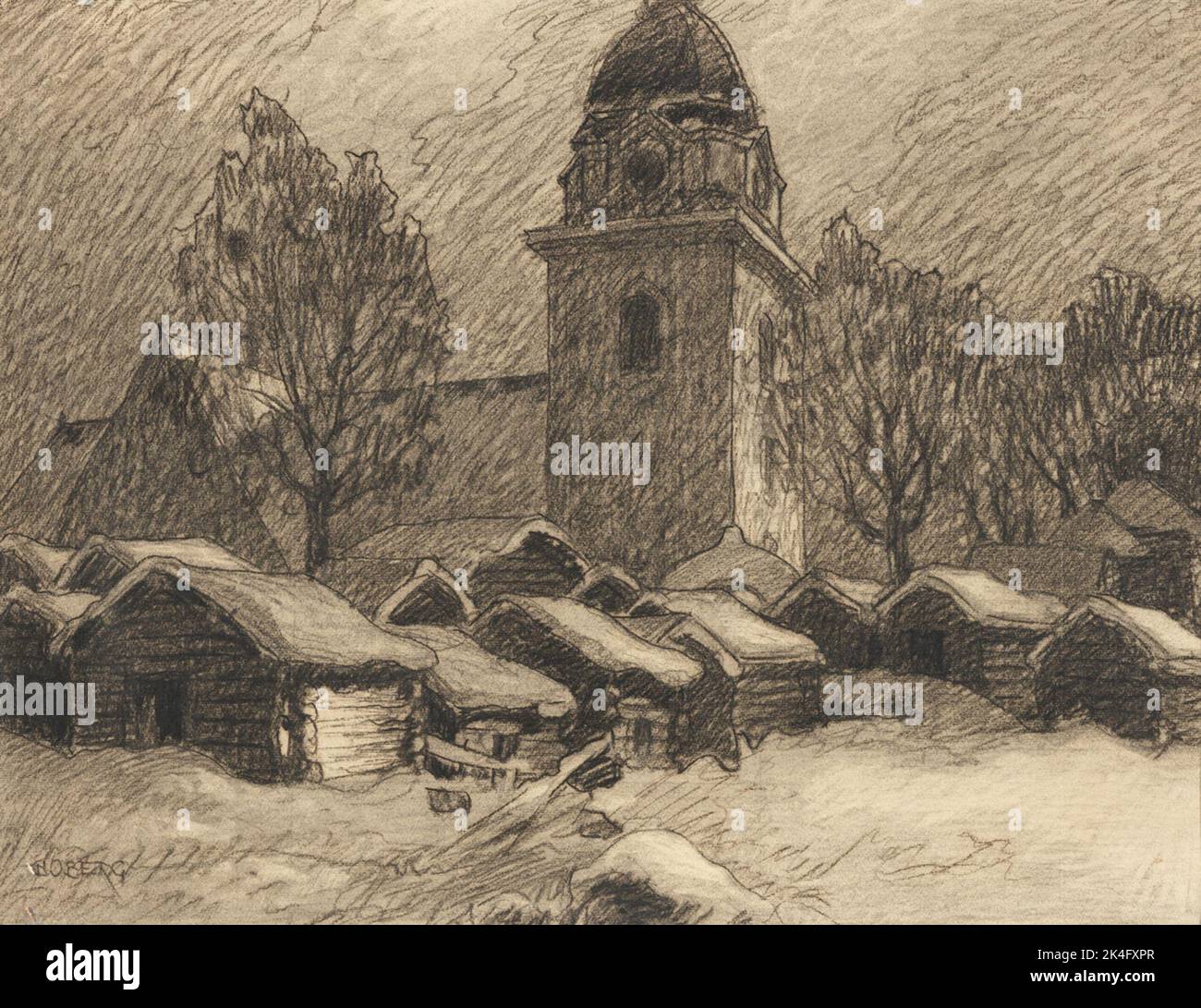 Rättvik, Dalarna. Église avec écuries d'église. Dessin de charbon par Ferdinand Boberg 1917. Inv.no. NM 0131972. Pays nordiques Banque D'Images