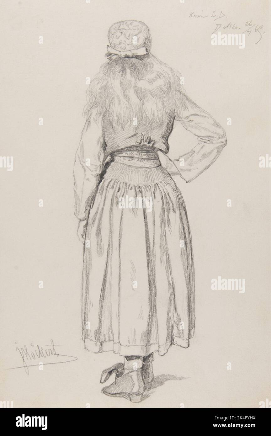 Dessin au crayon par J. F Höckert., Inv no 19 311a. Femme en costume de derrière. Delsbo 26/7 1865 (?). Pays nordiques Banque D'Images