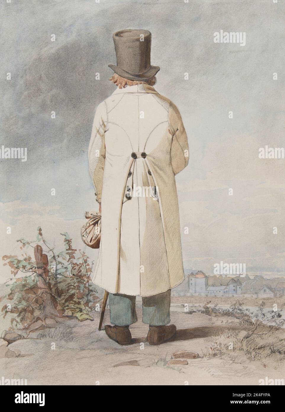 Homme en costume avec roche blanche, chapeau et canne, debout en pleine figure, de derrière. Dessin au crayon Aquadalized en grand format par Otto Wallgren Nordic Banque D'Images