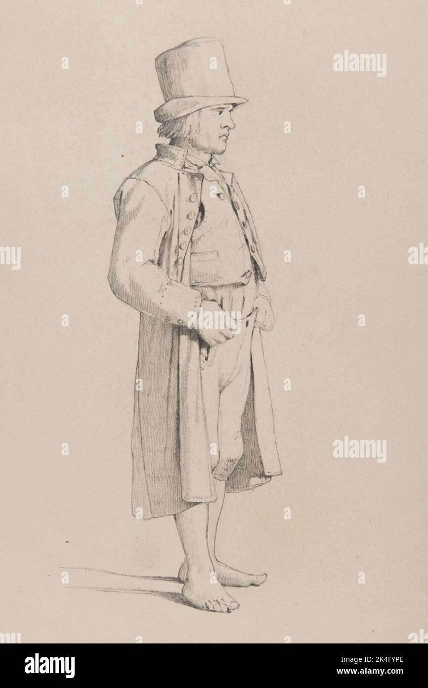 Luggudde herad (... difficile -à -lire le nom?). Fermier de Billeberga en roche blanche, pantalon en cuir et gilets en cuir 'Manan en pleine figure avec chapeau et pieds seulement. Dessin au crayon en grand format par Otto Wallgren. Pays nordiques Banque D'Images