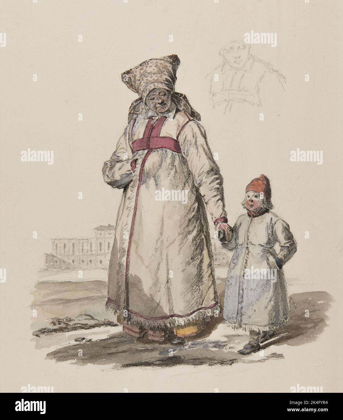 Vêtements. Femme avec enfants en pleine figure. 'Wingåkersboar en costume d'hiver.' Texte au dos: 'Costume d'hiver pour femmes et enfants, v. Vingåkers sn Oppouda hd, Södermanland. Aquarelle par Johan Gustaf Sandberg (1782-1854) Musée nordique 8050QB Nordic Banque D'Images