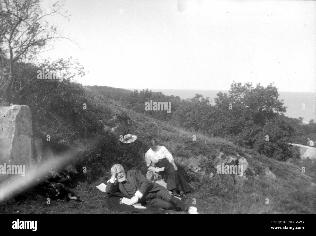 Un homme et une femme se trouvent dans l'herbe et lisent chaque livre. Pays nordiques Banque D'Images