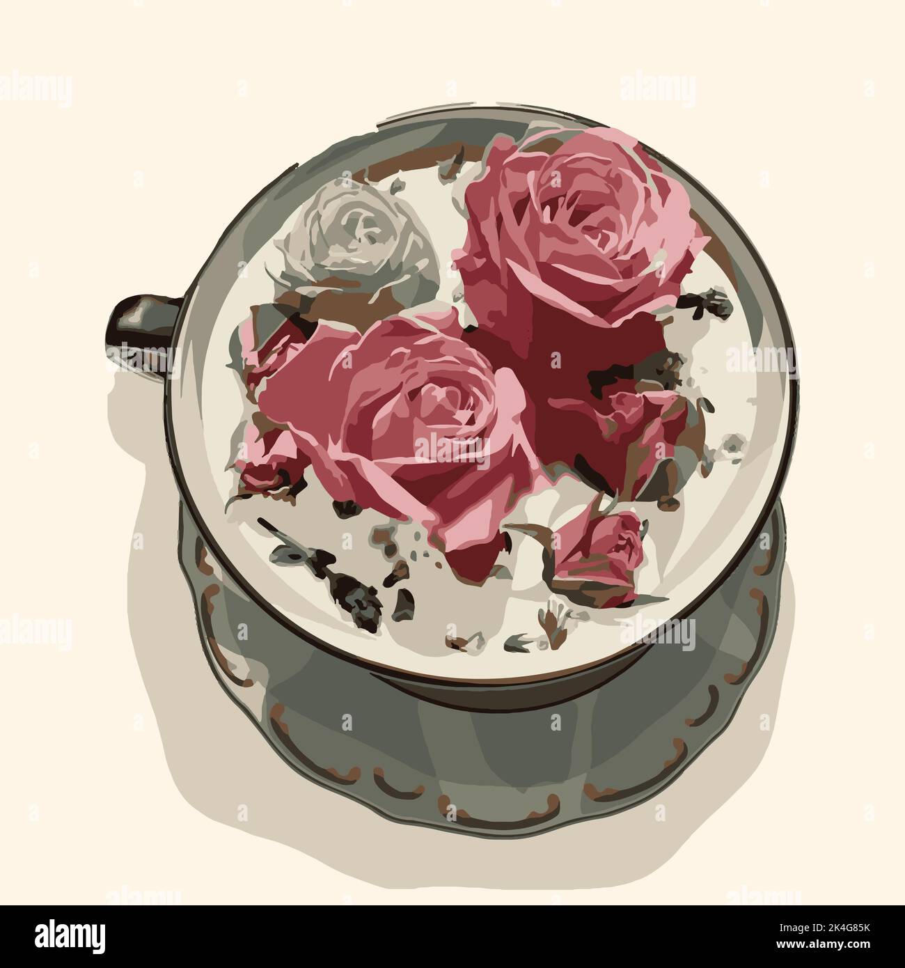 Tasse avec roses sur une soucoupe. Illustration de mode vectorielle Illustration de Vecteur