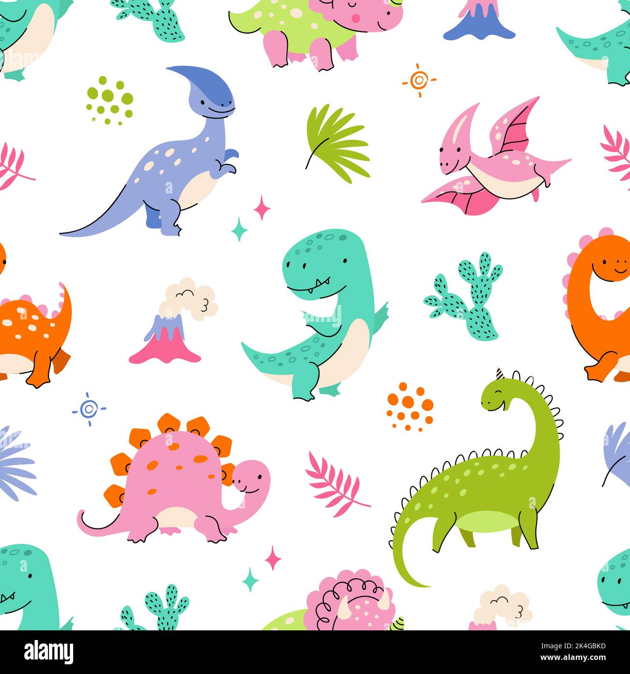 Motif dinosaure sans couture. Modèle de vêtements à imprimé dinosaures de dessin animé doux. Fond plat dino Kid. Animaux sauvages mignons et chignons texture vectorisée de nowaday Illustration de Vecteur