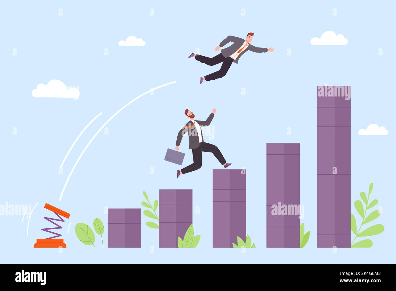 Tremplin professionnel. Saut plus haut vers la réussite dans le ciel, stimuler la carrière de croissance d'emploi, l'homme d'affaires inéquitable saut de printemps catapulte ou trampoline, illustration vecteur d'opportunité de saut de carrière réussi Illustration de Vecteur