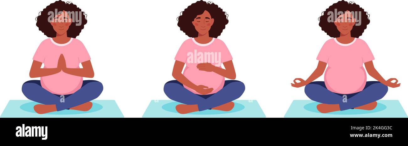 Femme afro-américaine enceinte fait du yoga. La fille est assise dans différentes poses, asanas. Grossesse active. Siddhasana, virasana, lotus. Ensemble d'illustrations vectorielles en arrière-plan isolé de style plat. Illustration de Vecteur