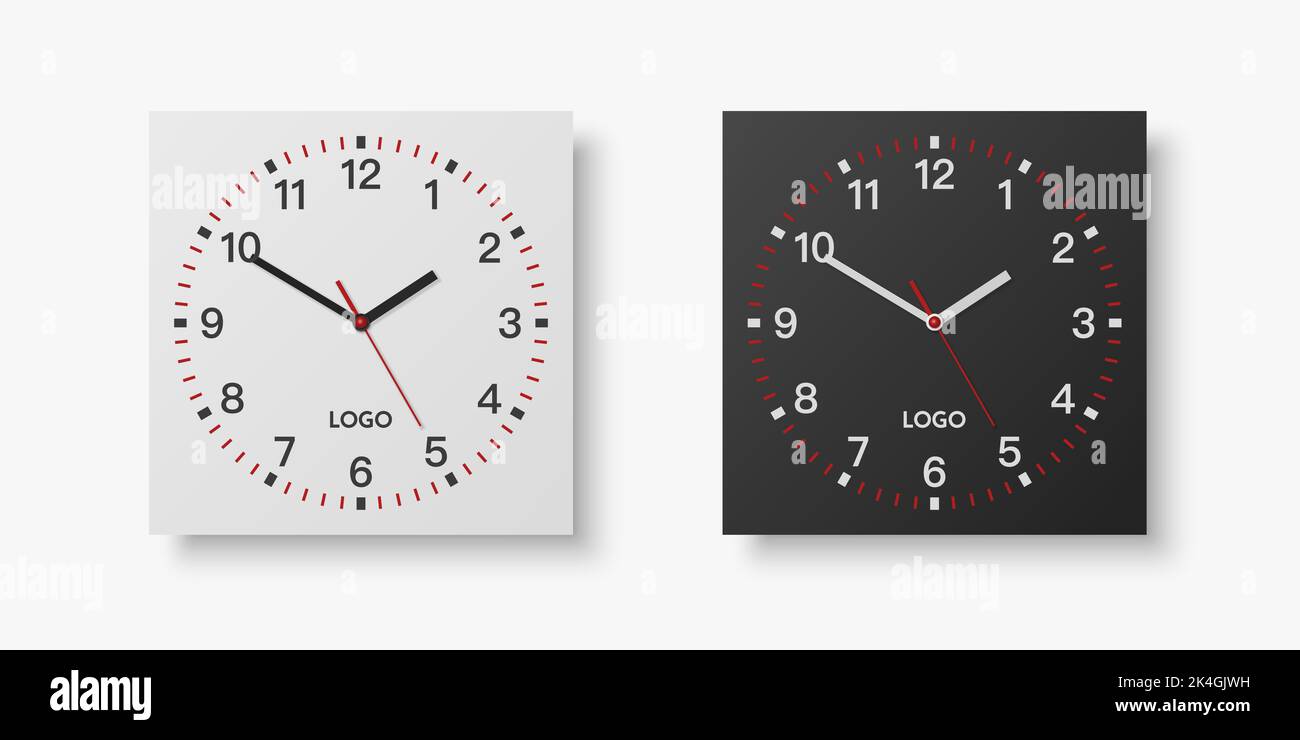 Vector 3D Realistic White, Black Square Wall Office Clock Set, modèle de conception isolé sur blanc. Composer avec des chiffres romains. Maquette de l'horloge murale pour Illustration de Vecteur