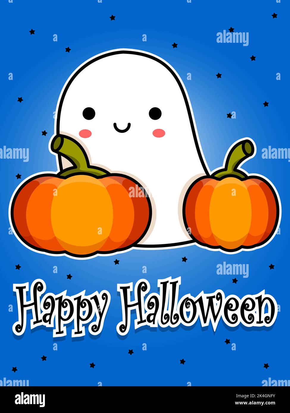 Carte postale Halloween. Un adorable fantôme souriant et des citrouilles. Illustration vectorielle plate de dessin animé. Illustration de Vecteur