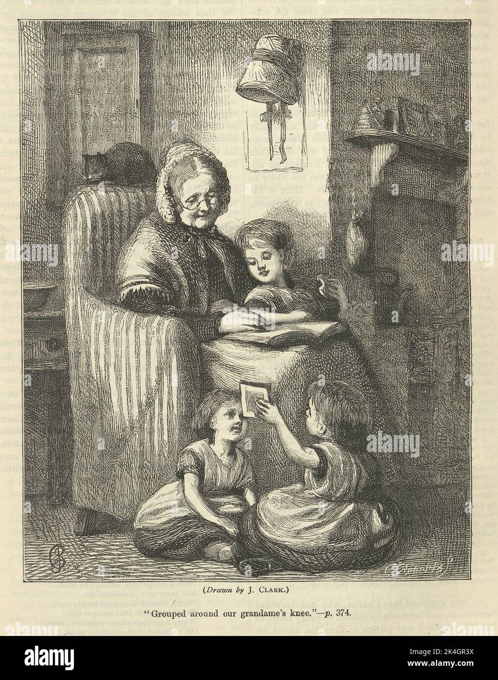 Vintage illustration grand-mère lisant des histoires à ses petits-enfants, jouant, Victorian, 1870s, 19th siècle. Regroupés autour du genou de notre grand-mère Banque D'Images