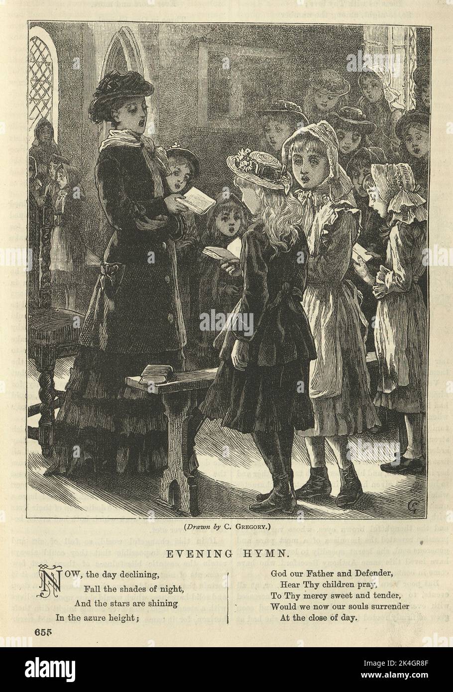 Illustration vintage, femme et enfants chantant des hymnes dans l'église, victorienne, 1870s 19th siècle Banque D'Images