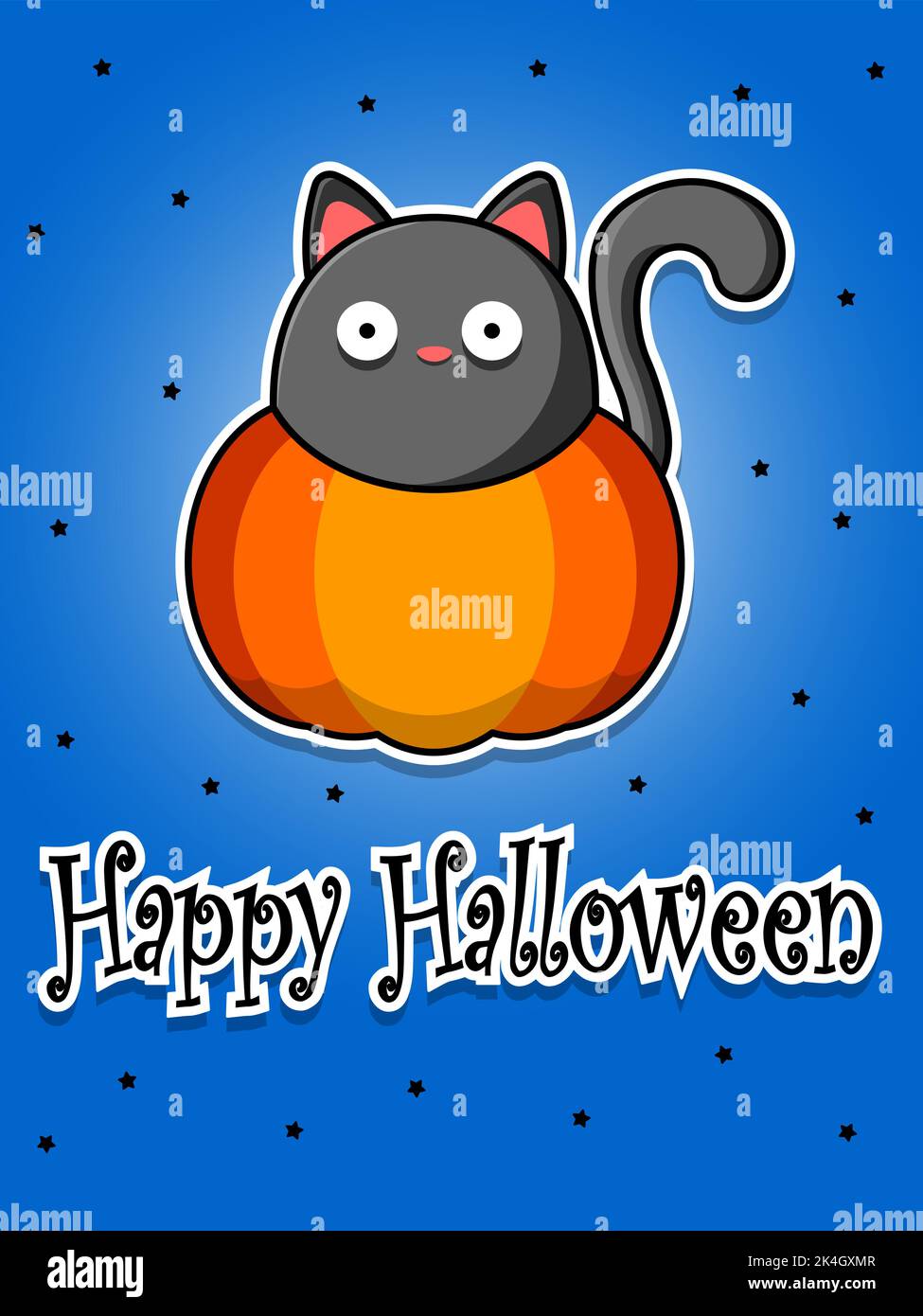 Carte postale Halloween. Le chat est assis dans une citrouille. Le chat regarde de la citrouille. Autocollants Halloween. Illustration vectorielle plate de dessin animé. Illustration de Vecteur