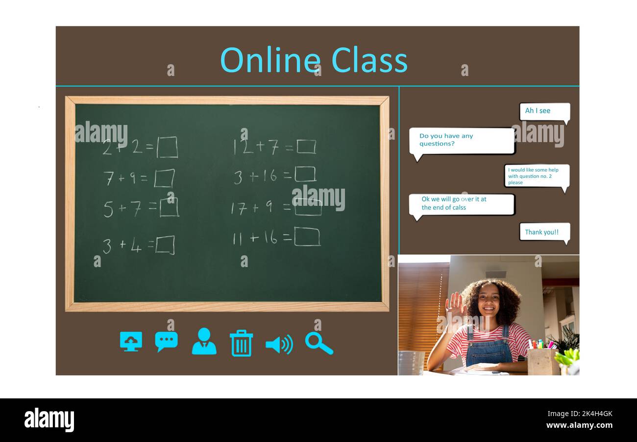 Interface d'appel vidéo avec les écoliers à l'écran. Technologie de communication et image composite numérique de l'enseignement élémentaire en ligne. Banque D'Images