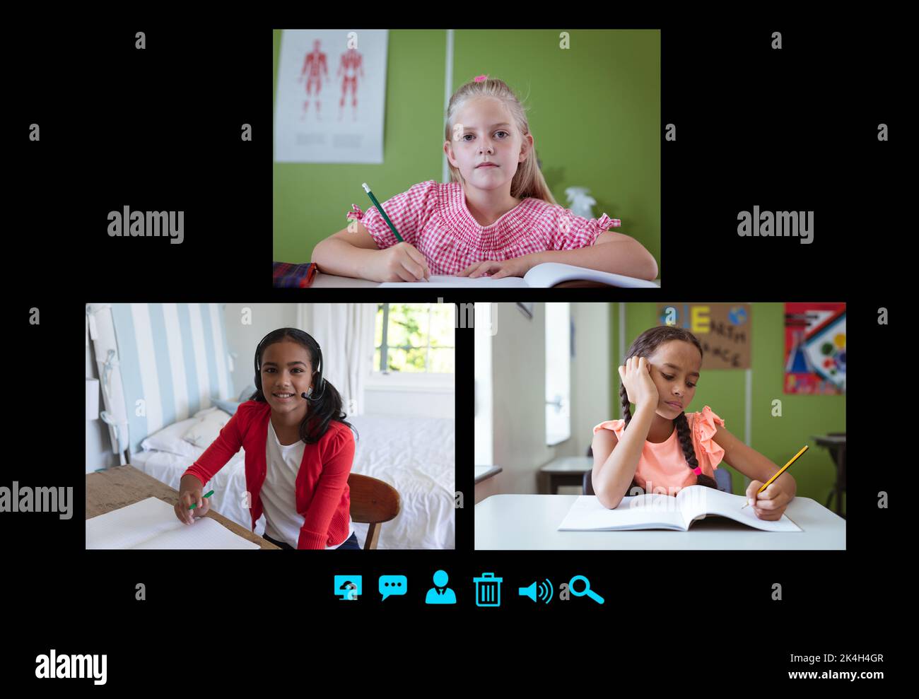 Interface d'appel vidéo avec les écoliers à l'écran. Technologie de communication et image composite numérique de l'enseignement élémentaire en ligne. Banque D'Images