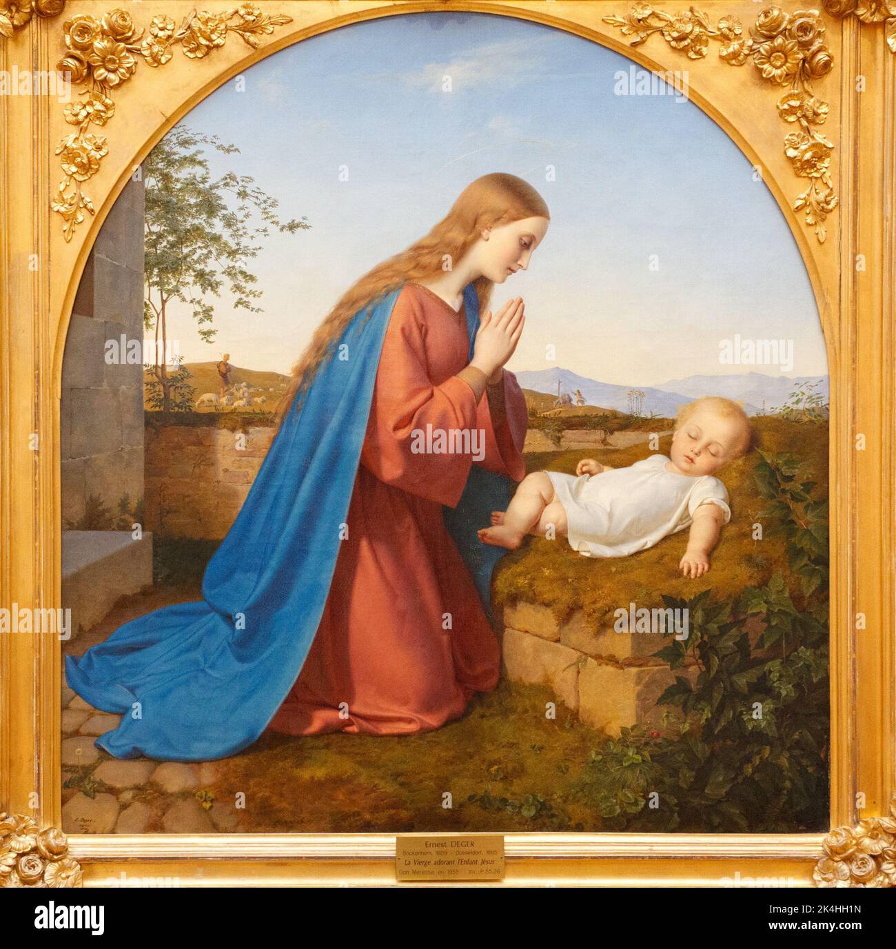 La peinture de Madonna adoring le bébé Jésus par Ernest Deger (1809-1885). Musée des Beaux-Arts de Valenciennes. Banque D'Images