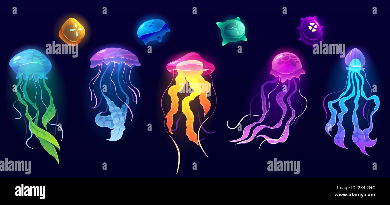 Méduses animaux sous-marins, méduses colorés poissons marins créatures de l'océan profond avec de longs tentacules toxiques ensemble isolé. Faune aquatique tropicale de medusa, belle vie marine, illustration vectorielle de dessin animé Illustration de Vecteur