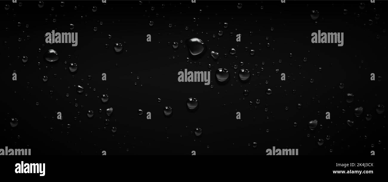 Fond noir avec gouttes d'eau claires provenant de la pluie, de la rosée ou de la condensation de vapeur. Surface humide avec gouttes de pluie liquides, bulles d'eau pures, illustration réaliste du vecteur Illustration de Vecteur