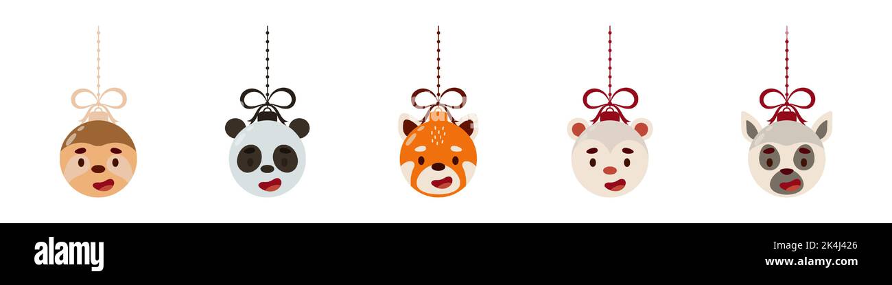 Joyeux Noël et bal du nouvel an avec adorable sloth, panda, panda rouge, opossum, lémurien. Collection de dessin animé hiver vacances baud animal. Brut vectoriel Illustration de Vecteur