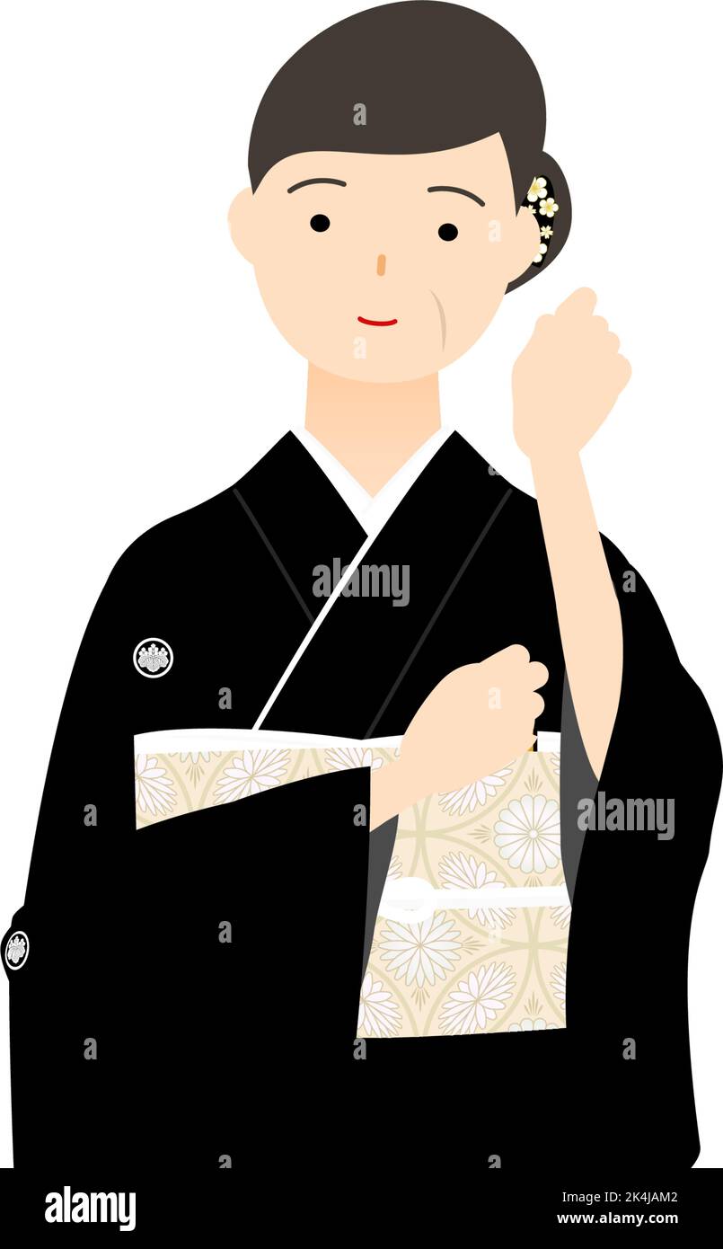 Femme âgée en kurotomesode, vêtue de kimono, posa setPause pour fixer vos cheveux. Illustration de Vecteur