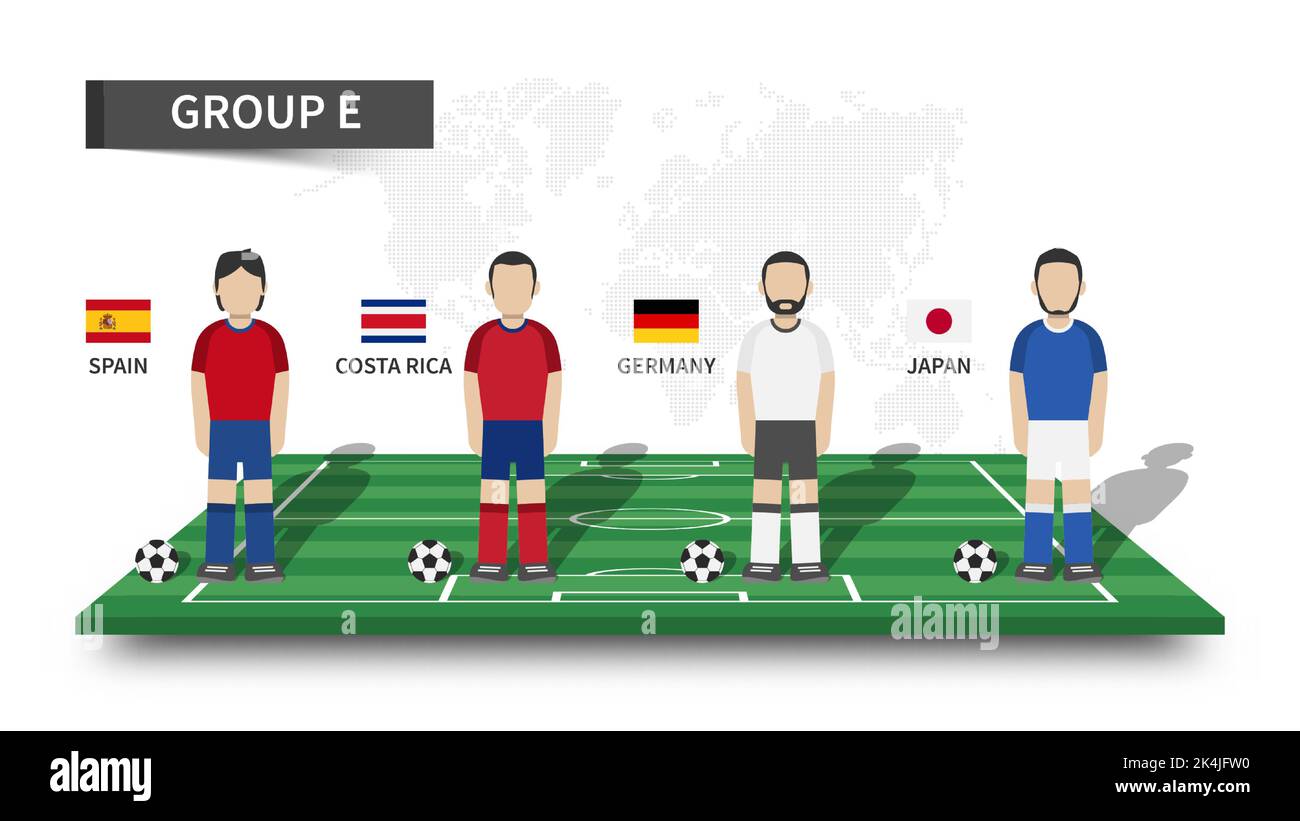 Tournoi de football de la coupe du monde de la fifa au Qatar 2022 . 32 équipes de groupe et personnage de joueur de dessin animé avec le maillot et les drapeaux de pays sur le ballon de perspective Illustration de Vecteur