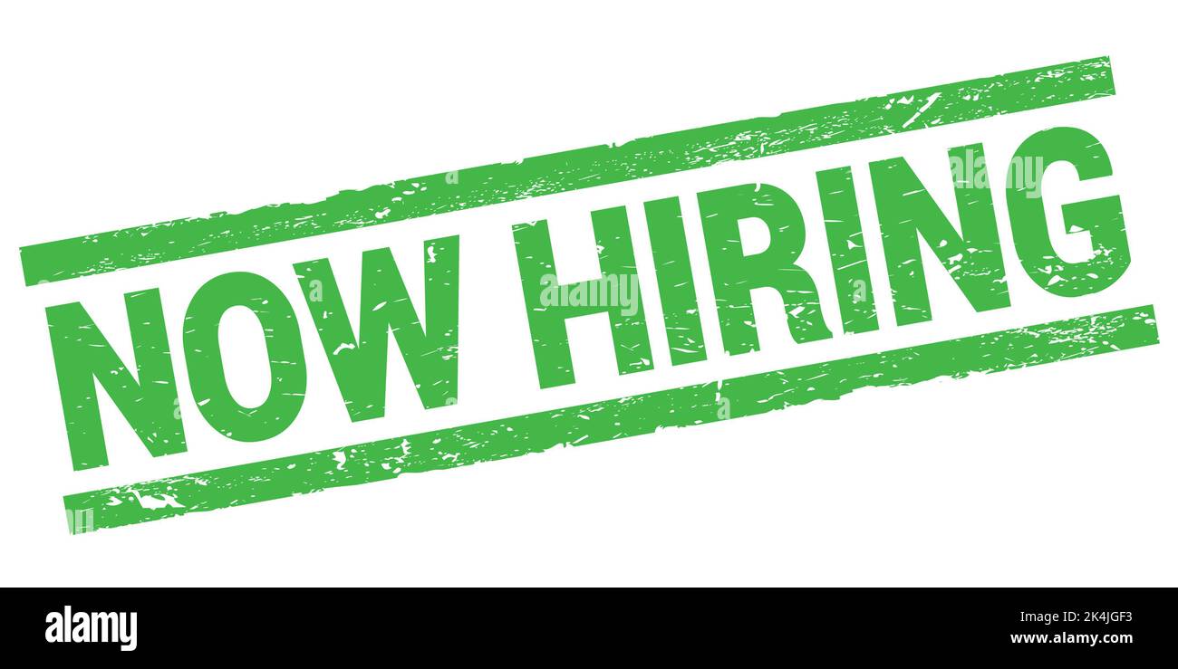 LE texte D'EMBAUCHE est MAINTENANT inscrit sur l'affiche rectangulaire verte. Banque D'Images