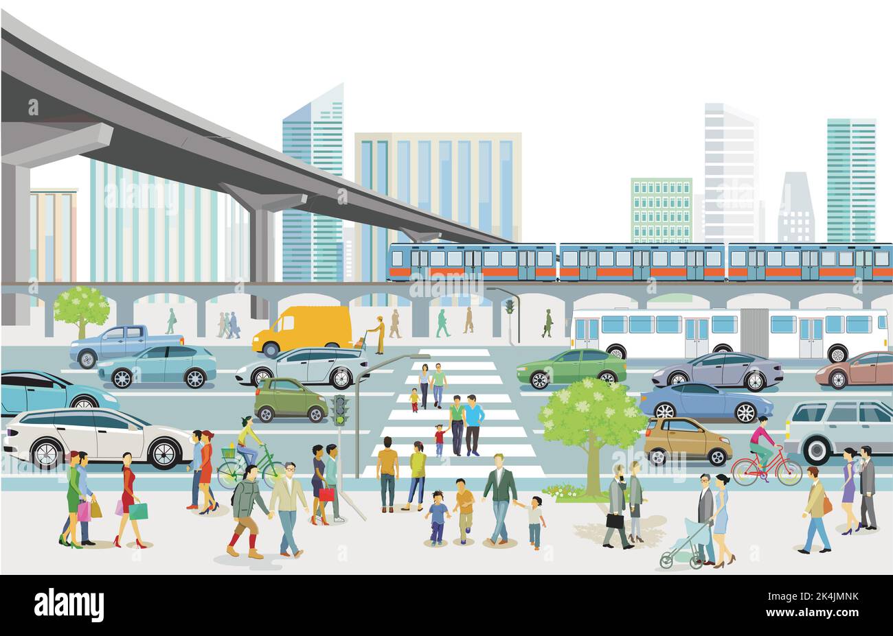 Silhouette de ville avec circulation routière et piétons sur le passage pour piétons, illustration Illustration de Vecteur