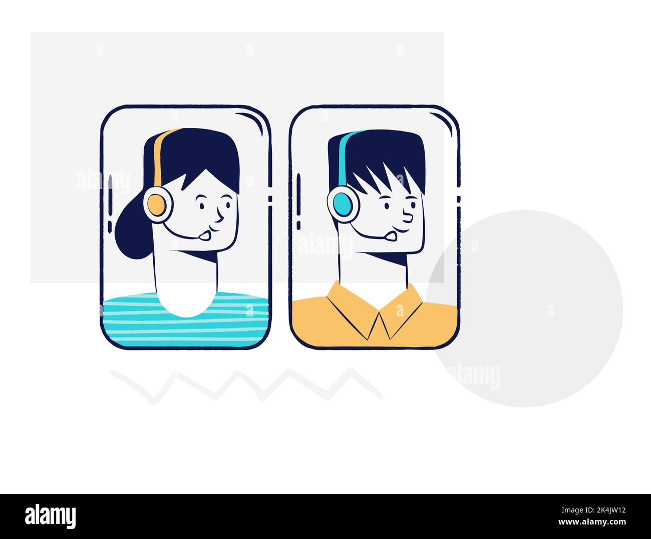 Avatars d'agents de centre d'appels, ensemble de collecte de vecteur. Des employés de bureau souriants avec des casques, des personnages de dessins animés - homme et femme Illustration de Vecteur