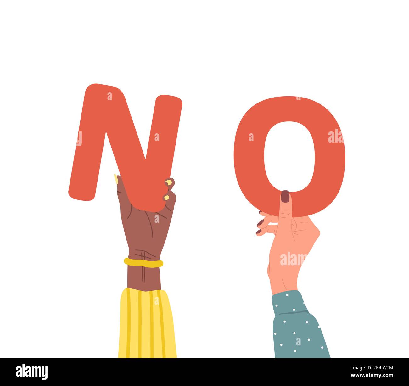 Groupe de différentes mains féminines tenant le mot rouge No. Les personnes multiethniques diverses sont ensemble. Illustration vectorielle dessinée à la main dans un style de dessin animé Illustration de Vecteur