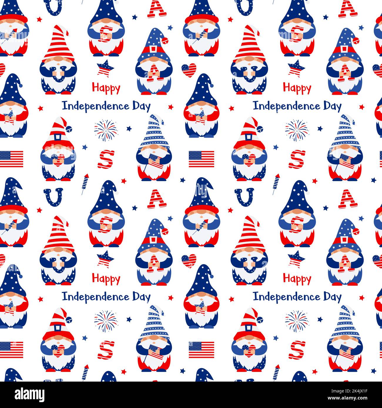 4th juillet. Motif vectoriel sans couture avec gnomes patriotes tenant firecracker, drapeaux américains et lettres USA. Personnages festifs pour l'emballage de papier, Illustration de Vecteur