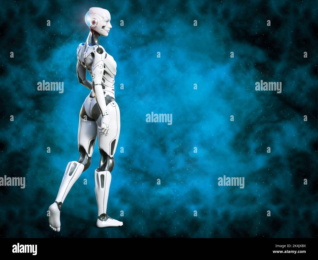 3D rendu d'une femme robot android posant avec elle dos contre l'appareil photo. Espace bleu et arrière-plan étoiles. Banque D'Images
