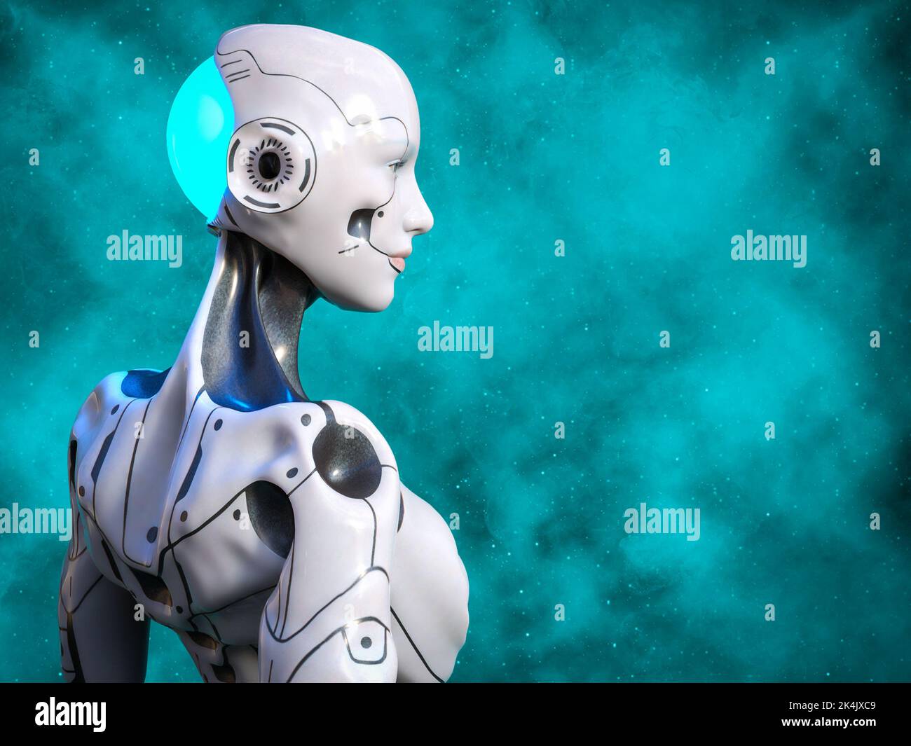 3D rendu d'une femme robot android posant avec elle contre l'appareil photo, regardant dans l'espace turquoise. Banque D'Images