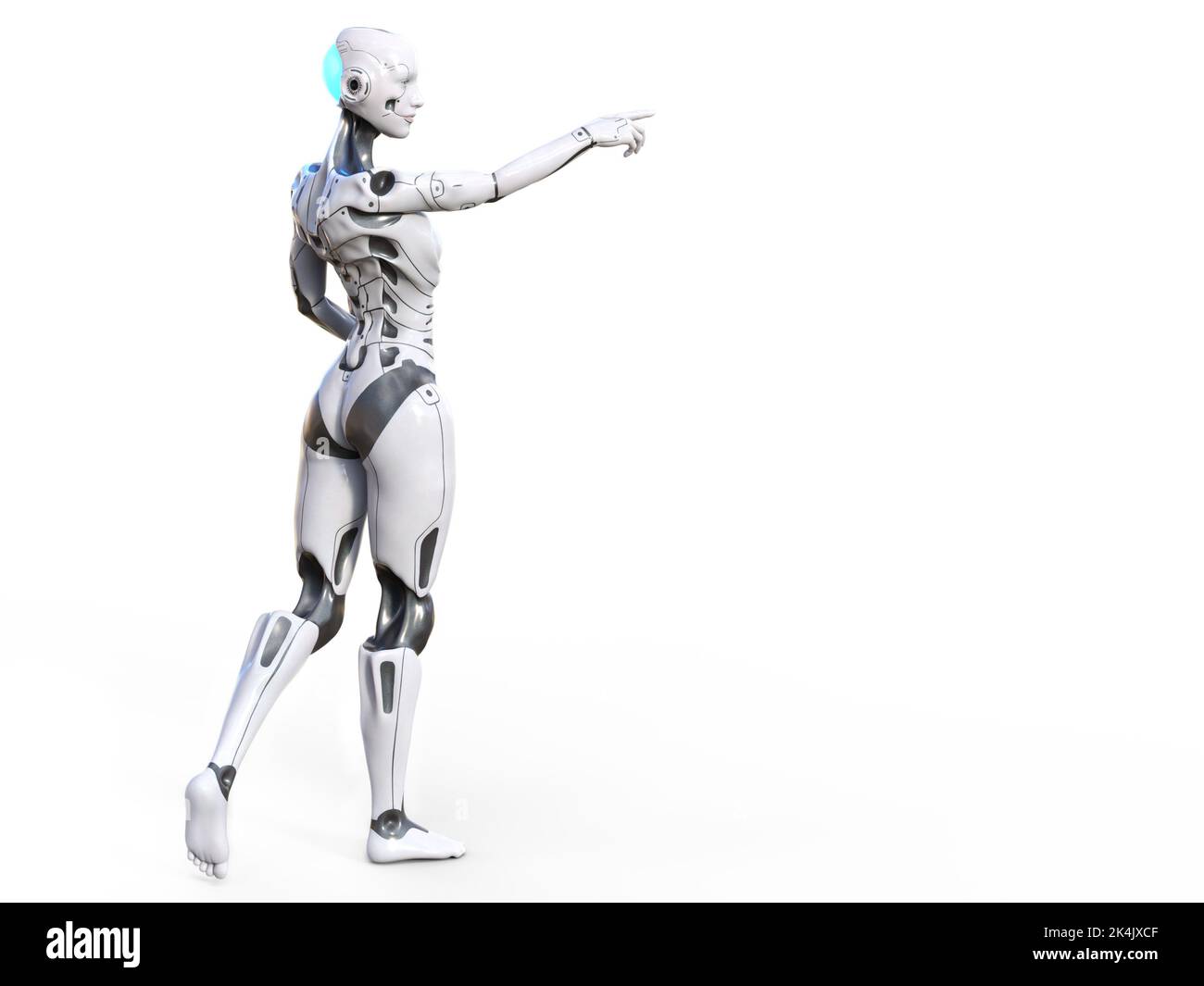 3D rendu d'une femme robot android posant avec son dos contre l'appareil photo et tenant son bras vers l'extérieur et pointant. Arrière-plan blanc avec espace de copie. Banque D'Images