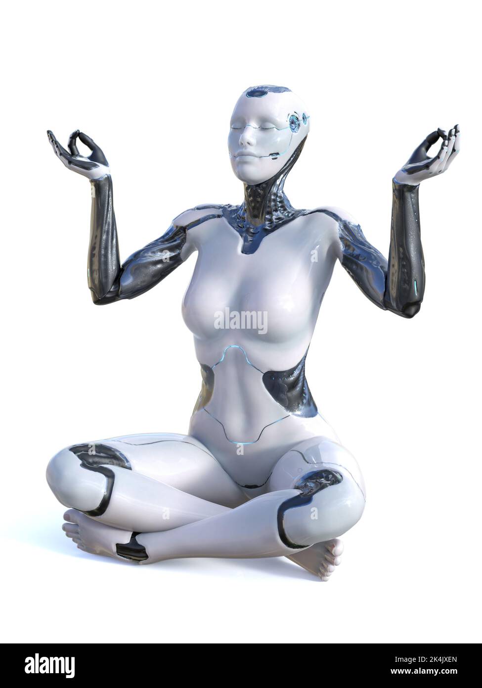 3D rendu de la femme robotique assise en croix sur le sol dans lotus pose en tenant ses bras vers le haut faisant gyan mudra avec les doigts et méditant. Blanc Banque D'Images