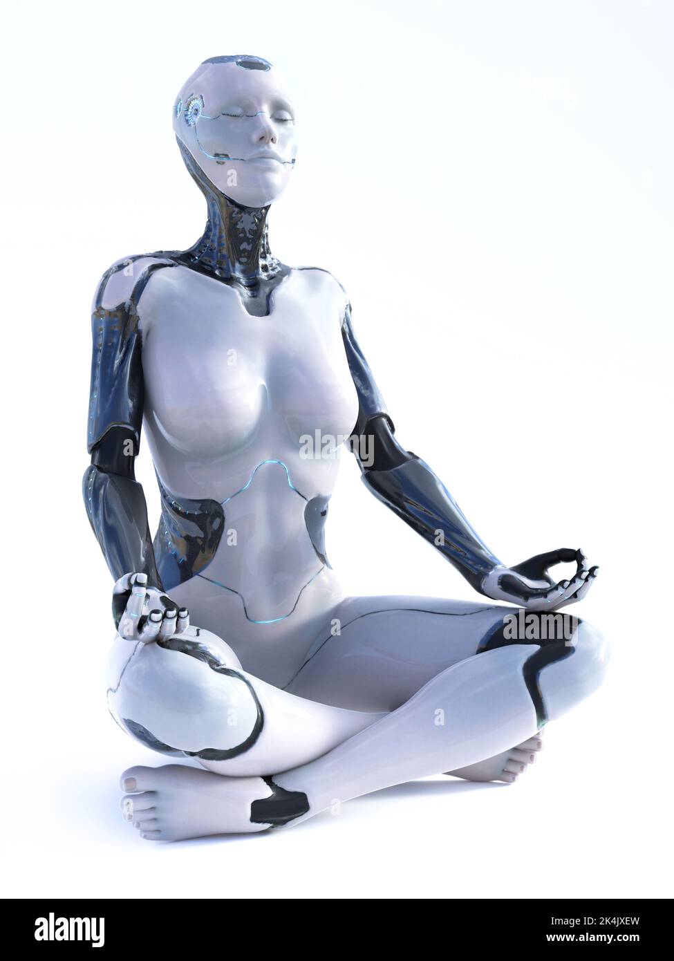 3D rendu de la femme robotique assise en croix sur le sol dans lotus pose faisant gyan mudra avec les doigts et méditant. Arrière-plan blanc. Banque D'Images