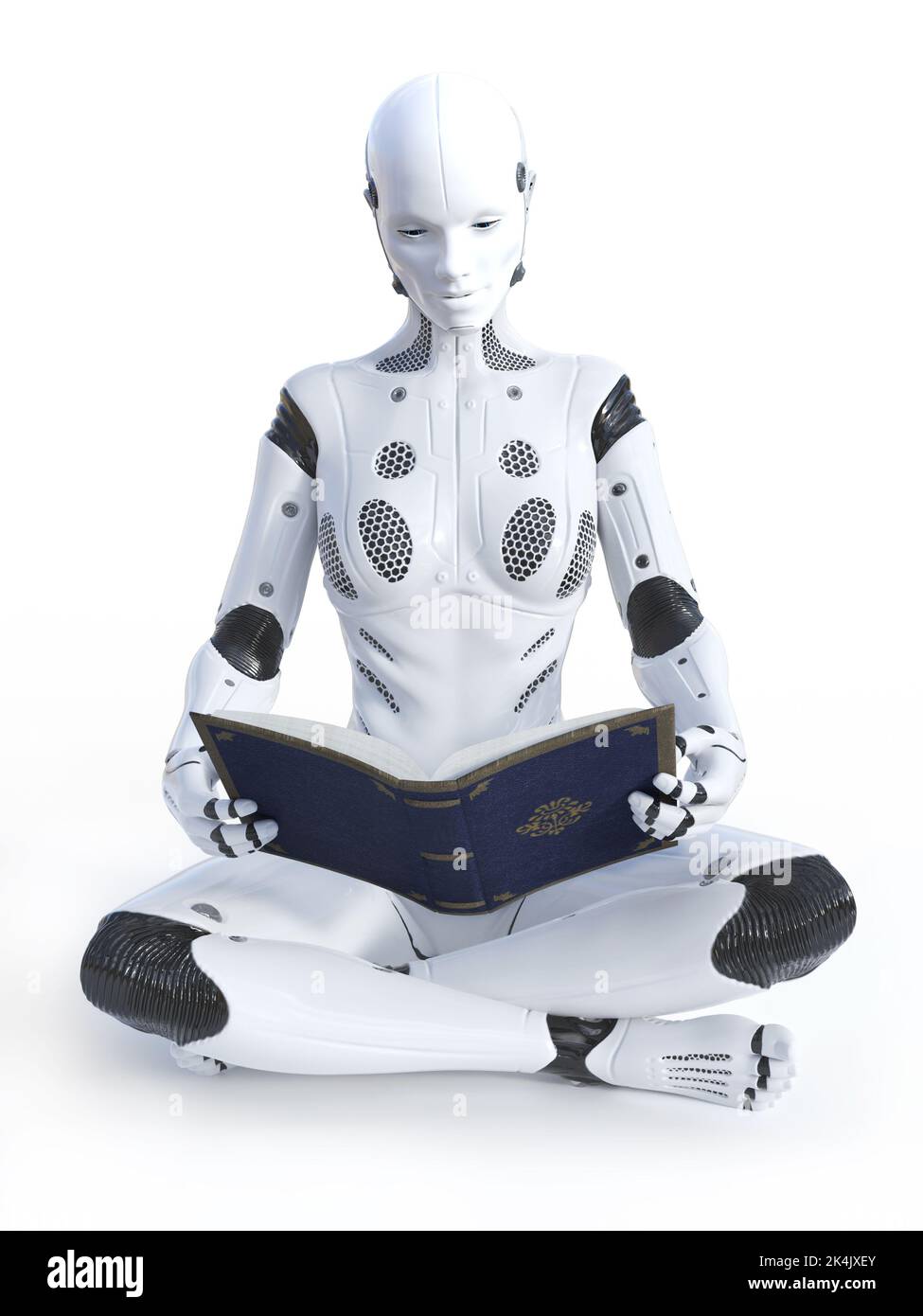 3D rendu d'une femme robotique assise à pieds croisés sur le sol et lisant un livre. Arrière-plan blanc. Banque D'Images