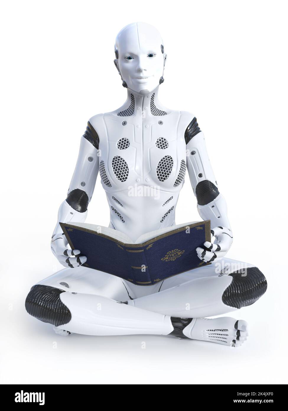 3D rendu de la femme robotique assise en croix sur le sol et souriant tout en tenant un livre. Arrière-plan blanc. Banque D'Images