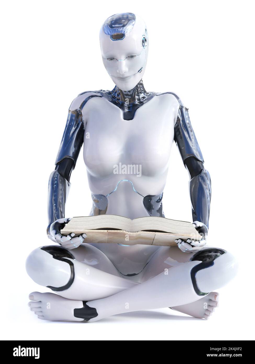 3D rendu d'une femme robotique assise à pieds croisés sur le sol et lisant un livre. Arrière-plan blanc. Banque D'Images
