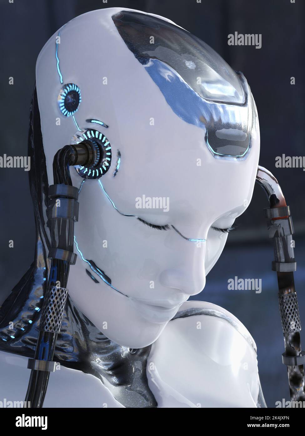 3D rendu de la puissance de recharge de la robotique femme avec des câbles branchés à sa tête. Concept d'intelligence artificielle. Banque D'Images