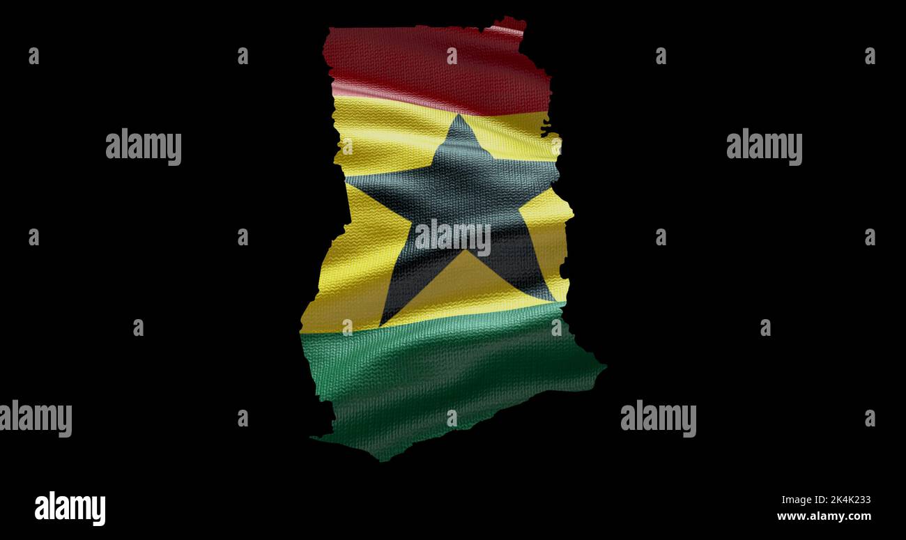 Forme de carte du Ghana avec arrière-plan de drapeau agité. Contour alpha du pays. Banque D'Images