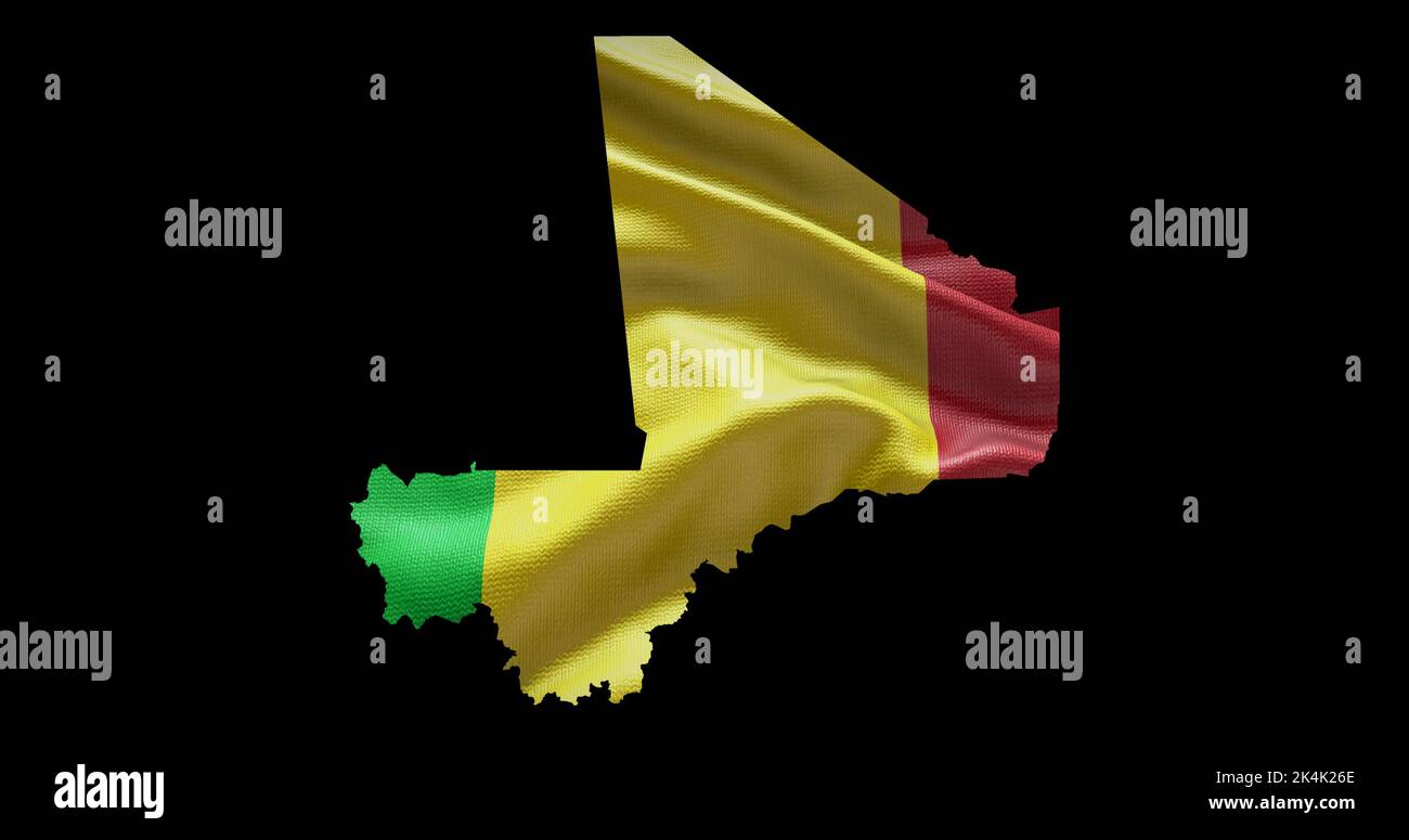 Forme de carte Mali avec arrière-plan de drapeau agitant. Contour alpha du pays. Banque D'Images