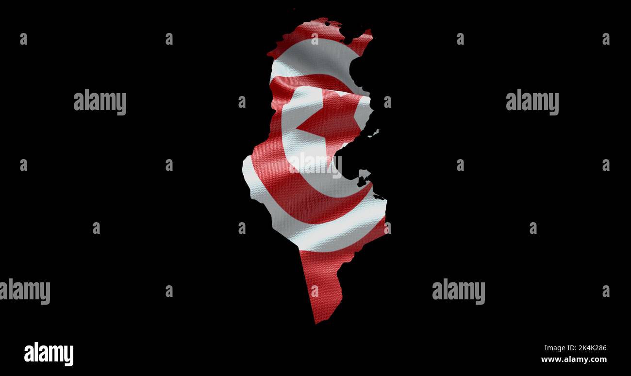 Carte en forme de Tunisie avec fond de drapeau ondulant. Contour alpha du pays. Banque D'Images