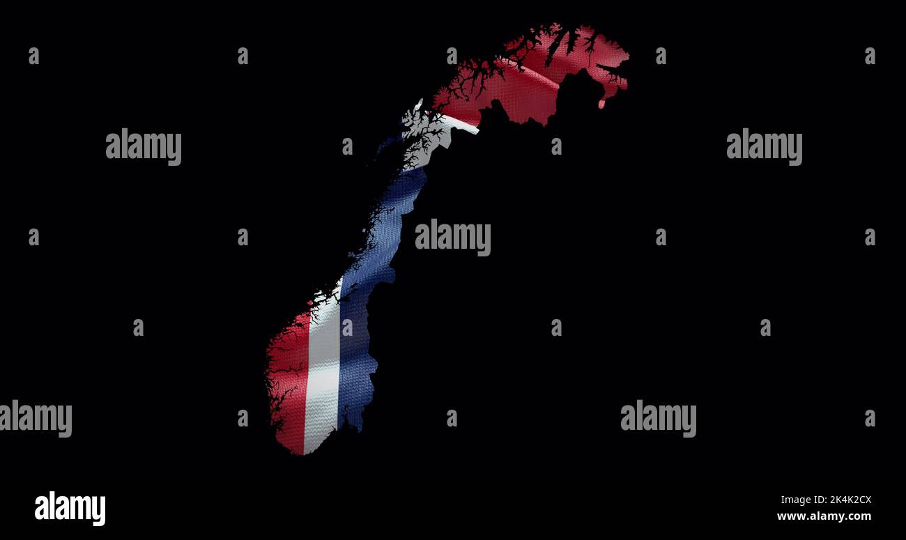 Carte en forme de Norvège avec arrière-plan de drapeau ondulant. Contour alpha du pays. Banque D'Images
