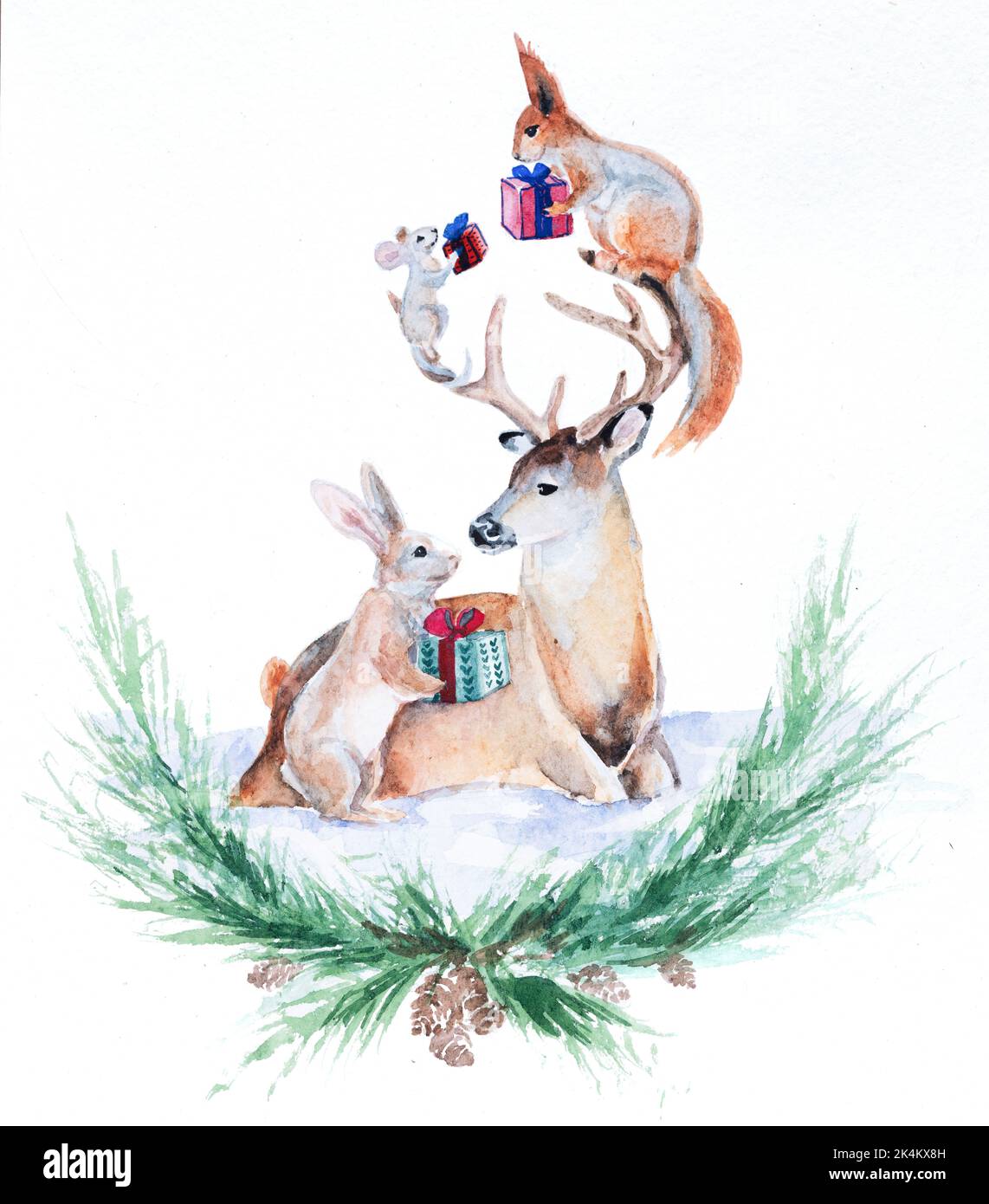 Illustration d'un animal de Noël. Un cerf, un lièvre, un écureuil et une souris se donnent des cadeaux. Banque D'Images