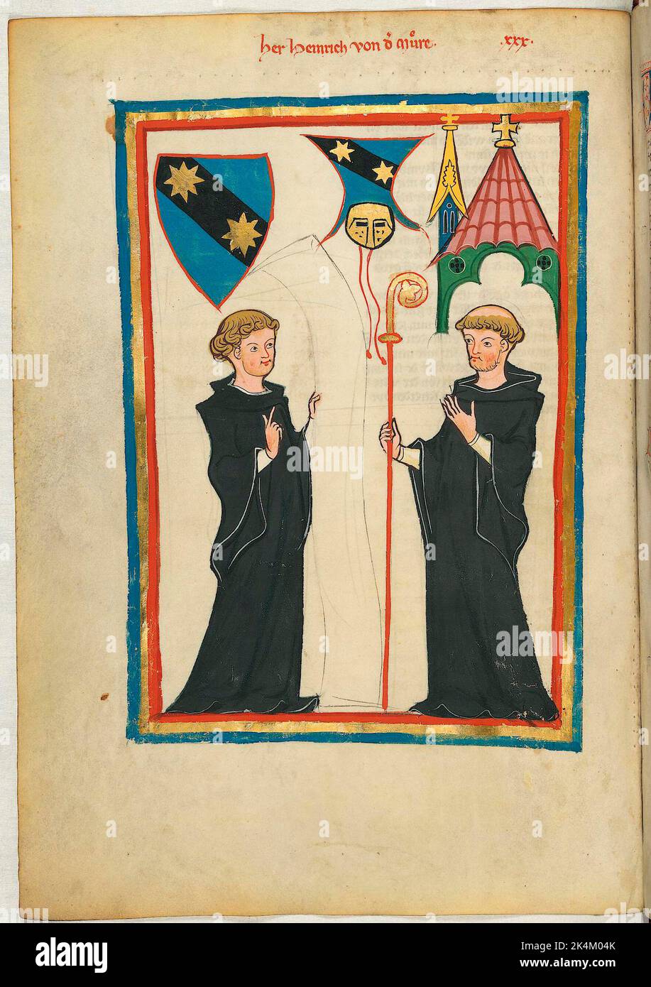 Le 'Codex Manesse', également connu sous le nom de 'Great Heidelberg Book of Songs' (Cod. Germe PAL. 848), a été créé entre 1300 et 1340 à Zurich et est la collection la plus complète de ballades et de poésie épigramatique en langue moyenne haute allemande. Il se compose de 426 feuilles de parcments, chacune de 35,5 x 25 cm, double-face, pagination ajoutée dans une main de pointe ultérieure. En outre, le codex comprend 140 pages vierges et de nombreuses pages partiellement vierges. Grand livre de chansons de Heidelberg. Grosse Heidelberger Liederhandschrift. Codex Manesse. Manuscrit illuminé, art médiéval Heidelberg, Université Banque D'Images