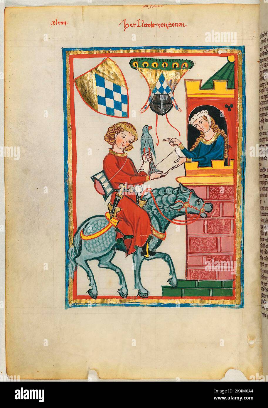 Le 'Codex Manesse', également connu sous le nom de 'Great Heidelberg Book of Songs' (Cod. Germe PAL. 848), a été créé entre 1300 et 1340 à Zurich et est la collection la plus complète de ballades et de poésie épigramatique en langue moyenne haute allemande. Il se compose de 426 feuilles de parcments, chacune de 35,5 x 25 cm, double-face, pagination ajoutée dans une main de pointe ultérieure. En outre, le codex comprend 140 pages vierges et de nombreuses pages partiellement vierges. Grand livre de chansons de Heidelberg. Grosse Heidelberger Liederhandschrift. Codex Manesse. Manuscrit illuminé, art médiéval Heidelberg, Université Banque D'Images