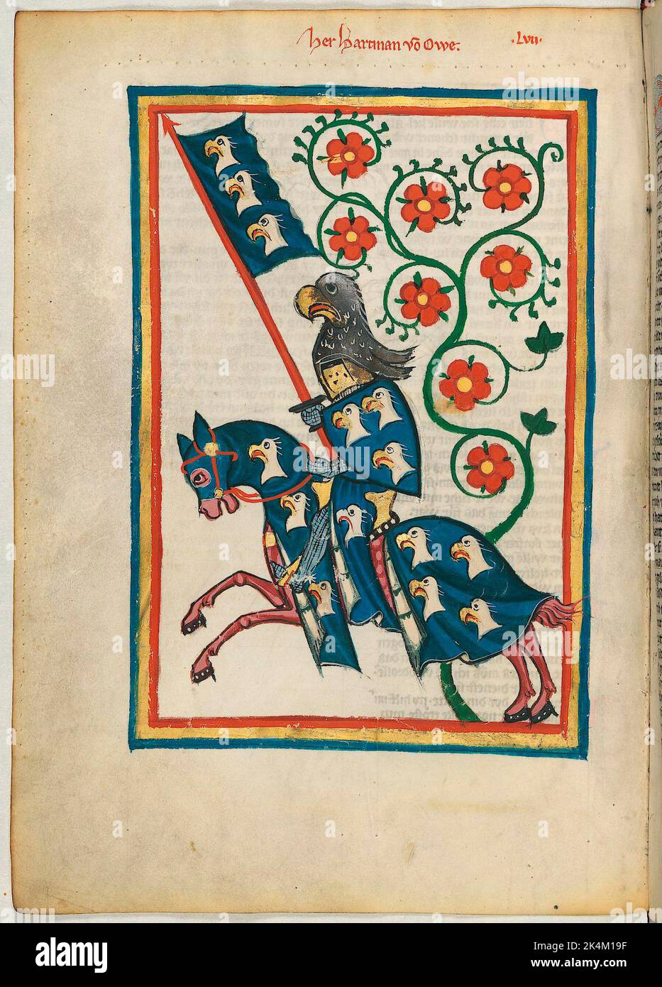 Le 'Codex Manesse', également connu sous le nom de 'Great Heidelberg Book of Songs' (Cod. Germe PAL. 848), a été créé entre 1300 et 1340 à Zurich et est la collection la plus complète de ballades et de poésie épigramatique en langue moyenne haute allemande. Il se compose de 426 feuilles de parcments, chacune de 35,5 x 25 cm, double-face, pagination ajoutée dans une main de pointe ultérieure. En outre, le codex comprend 140 pages vierges et de nombreuses pages partiellement vierges. Grand livre de chansons de Heidelberg. Grosse Heidelberger Liederhandschrift. Codex Manesse. Manuscrit illuminé, art médiéval Heidelberg, Université Banque D'Images