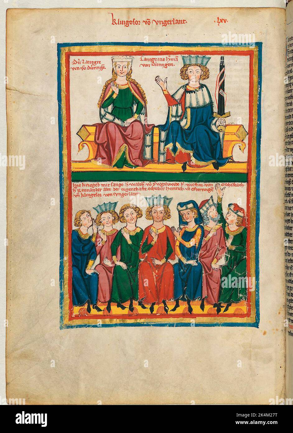 Le 'Codex Manesse', également connu sous le nom de 'Great Heidelberg Book of Songs' (Cod. Germe PAL. 848), a été créé entre 1300 et 1340 à Zurich et est la collection la plus complète de ballades et de poésie épigramatique en langue moyenne haute allemande. Il se compose de 426 feuilles de parcments, chacune de 35,5 x 25 cm, double-face, pagination ajoutée dans une main de pointe ultérieure. En outre, le codex comprend 140 pages vierges et de nombreuses pages partiellement vierges. Grand livre de chansons de Heidelberg. Grosse Heidelberger Liederhandschrift. Codex Manesse. Manuscrit illuminé, art médiéval Heidelberg, Université Banque D'Images